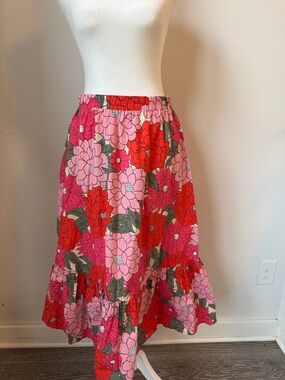 Listicle Pink & Red Floral Tiered Midi Skirt